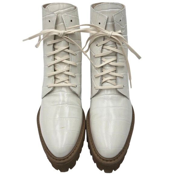 NEW Freda Salvador Emi Combat Boots Womens 5M Creme Leather Croc Embossed Shoes - Picture 2 of 16